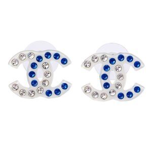 Chanel D19 C Earrings COCO Mark Rhinestone White Blue- White Accessories